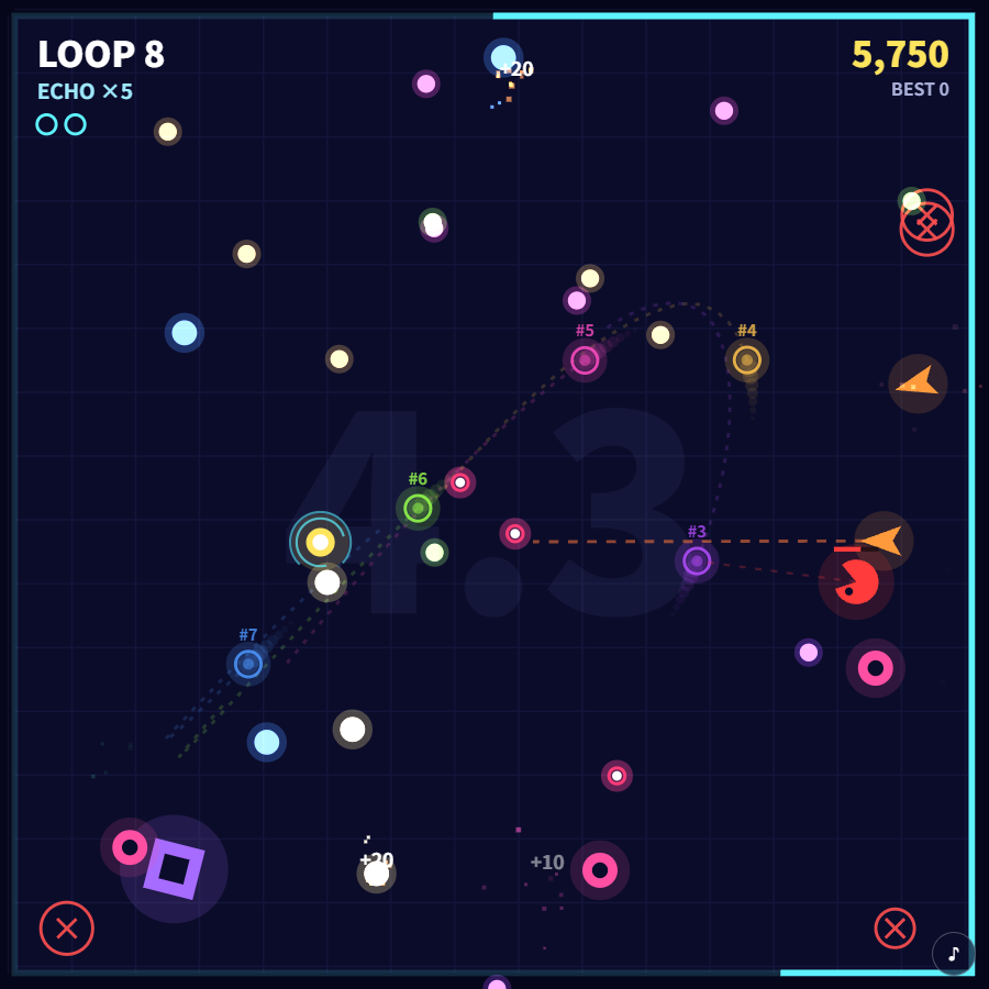 ECHO LOOPのプレイ画面。過去の自分（エコー）が一緒に弾を撃っている
